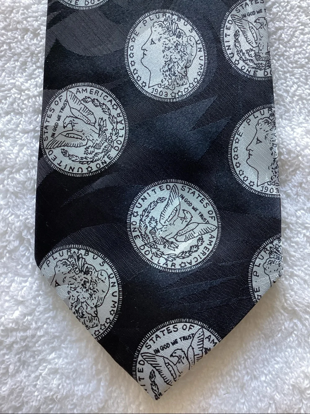 Men's Black Tie with Silver Coin Print and Navy Accent
